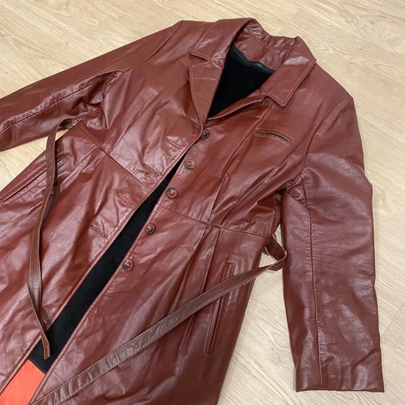 Brown/Burgundy Genuine Leather Trench Coat - Picture 3 of 6